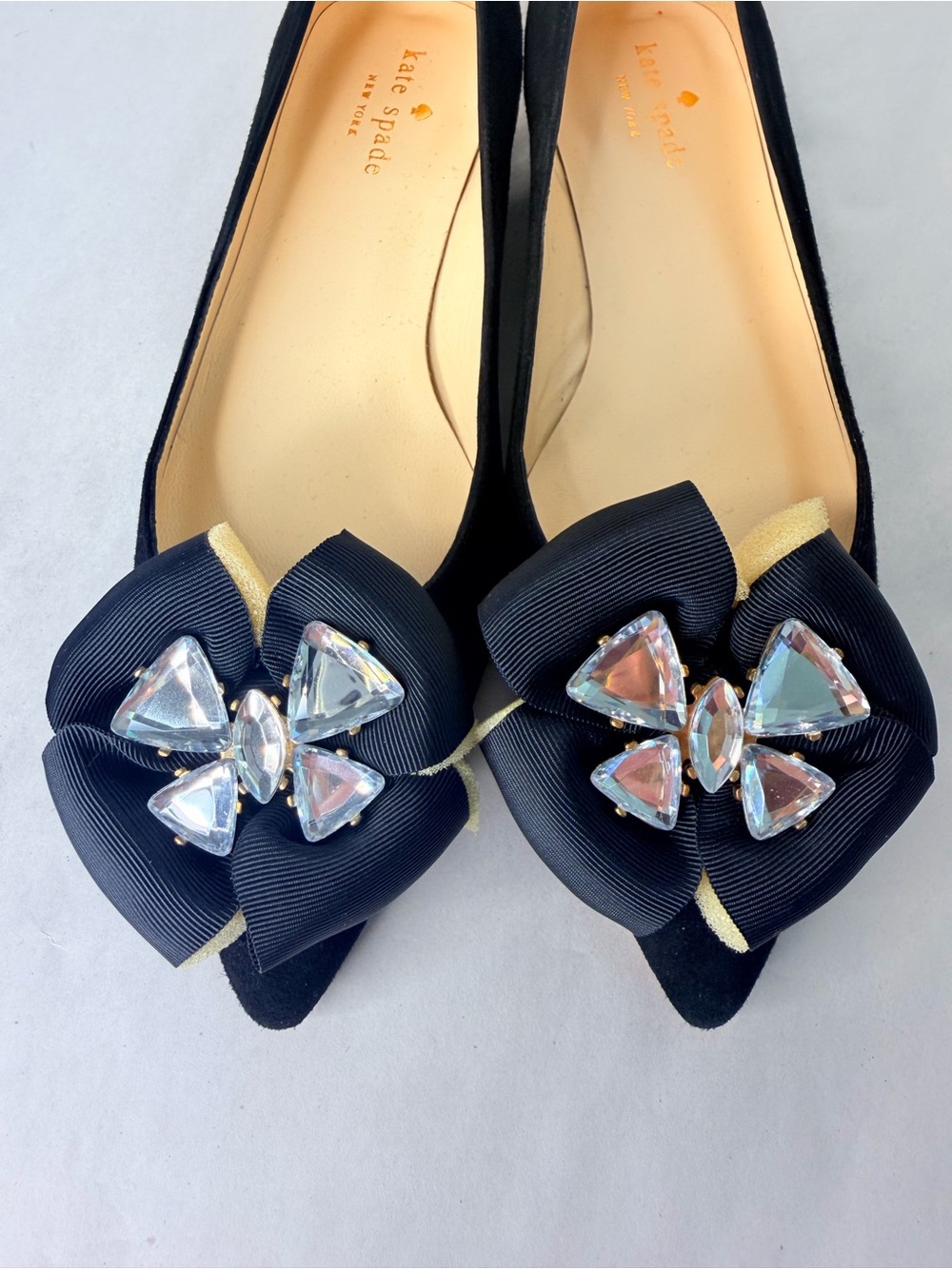 Kate Spade black suede flats with grosgrain jeweled bows - Picture 7 of 9